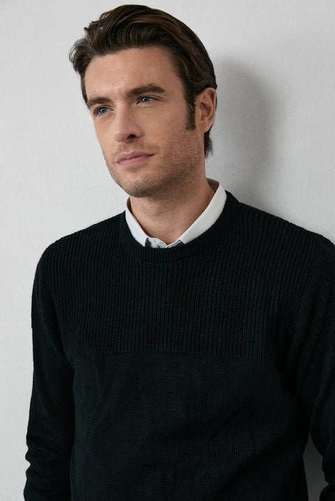 Black Crew Neck Regular Fit Patterned Knit Sweater