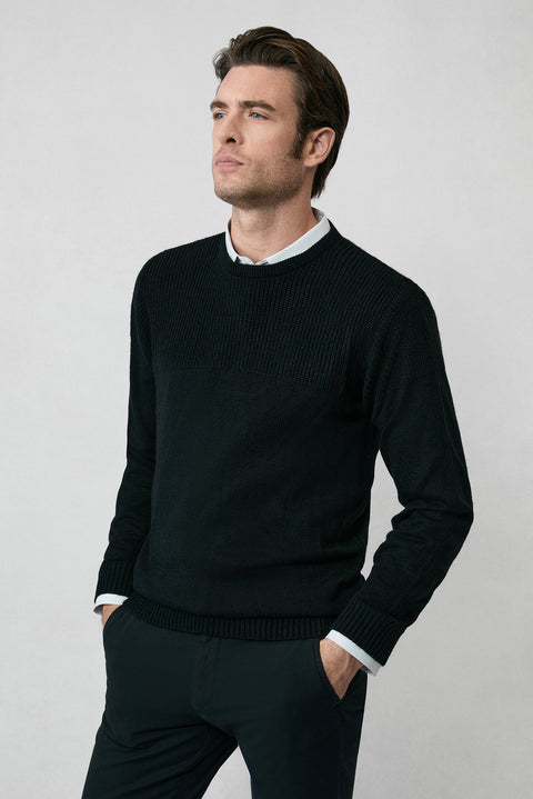 Black Crew Neck Regular Fit Patterned Knit Sweater