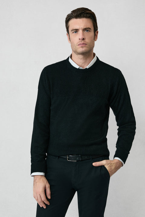Black Crew Neck Regular Fit Patterned Knit Sweater