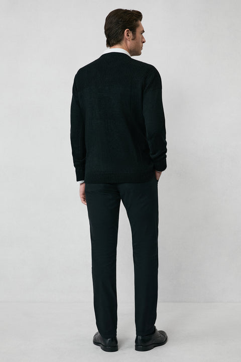 Black Crew Neck Regular Fit Patterned Knit Sweater