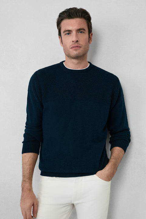 Dark Navy Crew Neck Regular Fit Patterned Knit Sweater