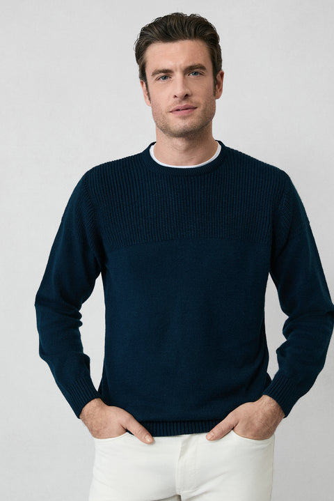 Dark Navy Crew Neck Regular Fit Patterned Knit Sweater