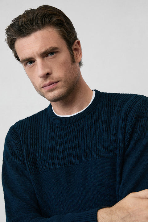 Dark Navy Crew Neck Regular Fit Patterned Knit Sweater