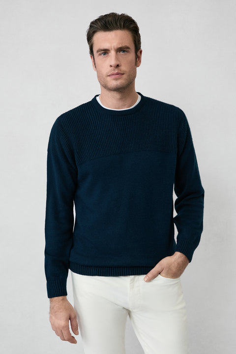 Dark Navy Crew Neck Regular Fit Patterned Knit Sweater
