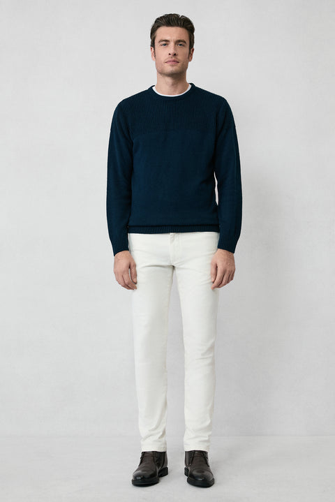 Dark Navy Crew Neck Regular Fit Patterned Knit Sweater