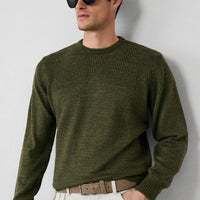 Medium Khaki Crew Neck Regular Fit Patterned Knit Sweater