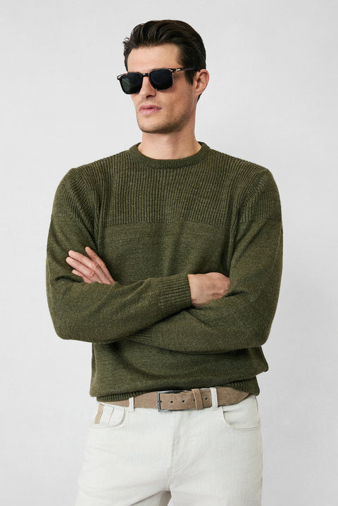 Medium Khaki Crew Neck Regular Fit Patterned Knit Sweater