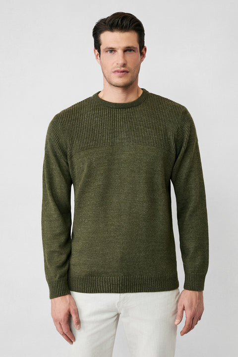 Medium Khaki Crew Neck Regular Fit Patterned Knit Sweater