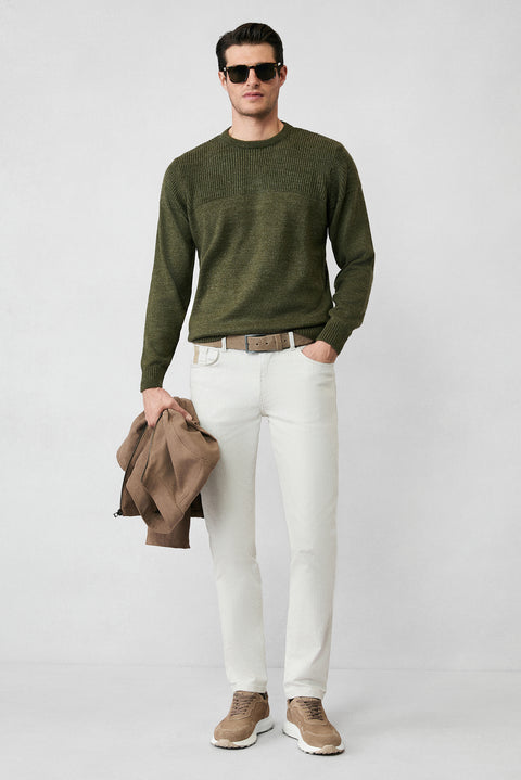 Medium Khaki Crew Neck Regular Fit Patterned Knit Sweater