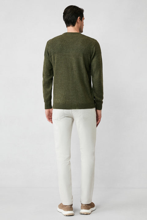 Medium Khaki Crew Neck Regular Fit Patterned Knit Sweater
