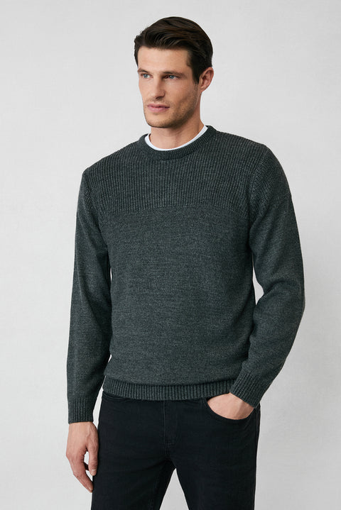 Medium Anthracite Melange Crew Neck Regular Fit Patterned Knit Sweater