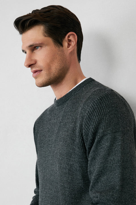 Medium Anthracite Melange Crew Neck Regular Fit Patterned Knit Sweater