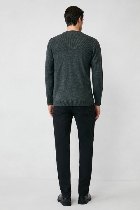Medium Anthracite Melange Crew Neck Regular Fit Patterned Knit Sweater