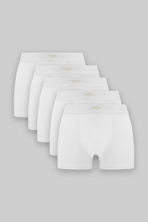 Beyaz Premium 5'li Pamuklu Likralı Rahat Esnek Boxer Seti (Damat Bohçası - Çeyiz Seti)