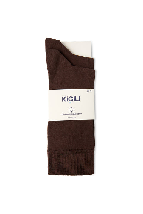 Medium Brown 2-Pack Cotton Lycra Flexible Plain Sock Set