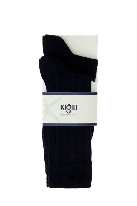 Navy Blue 2-Pack Cotton Striped Lycra Stretch Socks Set