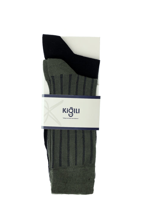 Medium Khaki 2-Pack Cotton Striped Lycra Stretch Socks Set