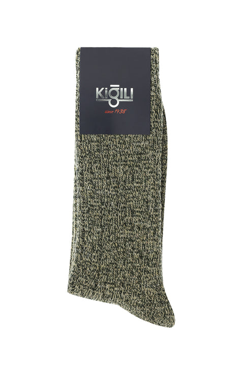 Medium Khaki Single Wool Patterned Socks