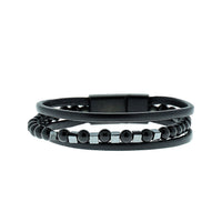 Black 3-Piece Leather Bead Bracelet