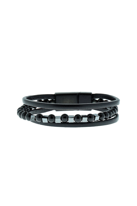 Black 3-Piece Leather Bead Bracelet