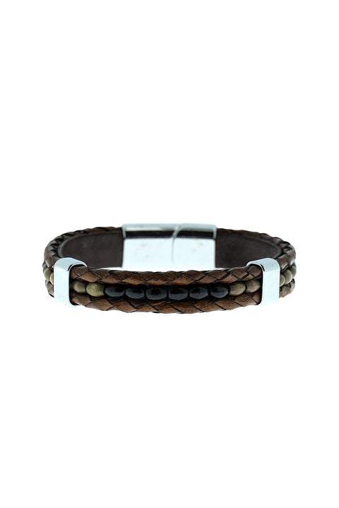 Medium Brown 3-Piece Leather Bead Bracelet