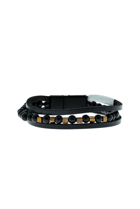 Black 3-Piece Leather Bead Bracelet