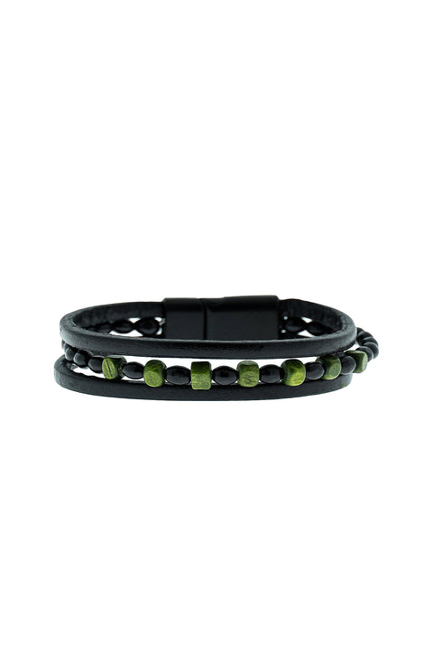 Black 3-Piece Leather-Bead Bracelet