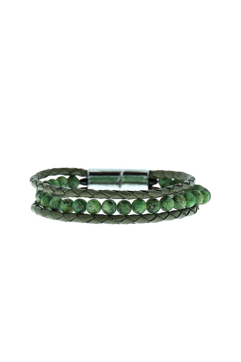 Dark Green 3-Piece Leather Bead Bracelet