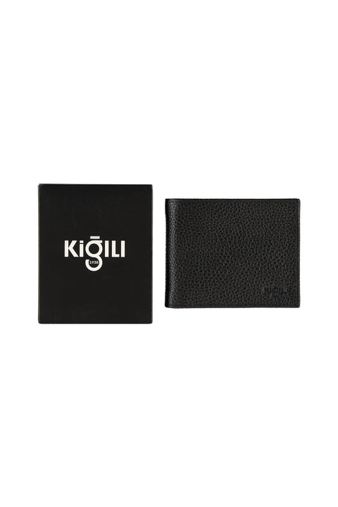 Black Gift Box Design Patterned Card Holder with Money Compartment Horizontal Leather Wallet