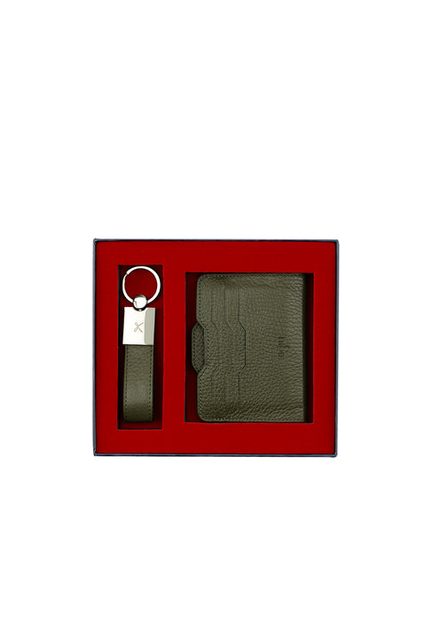 Medium Khaki 2-Piece Leather Card Holder & Keychain Set