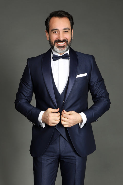 Light Navy Blue 7 Drop Slim Fit Narrow Cut Shawl Collar Vest Tuxedo & Groom Suit
