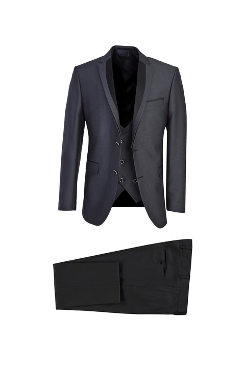 Dark Gray Mono Collar 7 Drop Slim Fit Patterned Tuxedo & Groom Suit