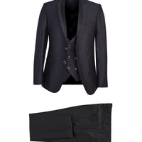 Siyah Lacivert 7 Drop Slim Fit Dar Kesim Mono Yaka Yelekli Smokin & Damatlık