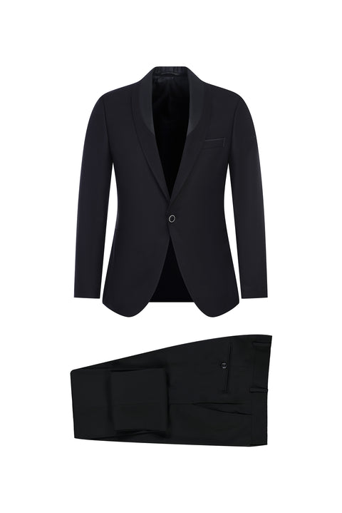 Siyah 7 Drop Slim Fit Dar Kesim Şal Yaka Smokin & Damatlık