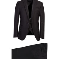 Siyah 7 Drop Slim Fit Dar Kesim Sivri Yaka Yelekli Smokin & Damatlık