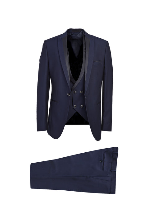 Dark Navy 7 Drop Slim Fit Narrow Cut Pointed Collar Vest Tuxedo & Groom Suit