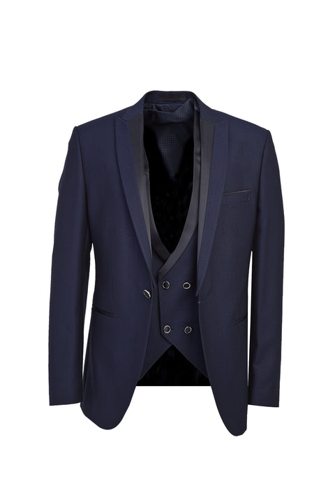 Dark Navy 7 Drop Slim Fit Narrow Cut Pointed Collar Vest Tuxedo & Groom Suit