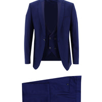 Dark Blue 7 Drop Slim Fit Narrow Cut Pointed Collar Vest Tuxedo & Groom Suit