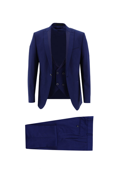 Dark Blue 7 Drop Slim Fit Narrow Cut Pointed Collar Vest Tuxedo & Groom Suit