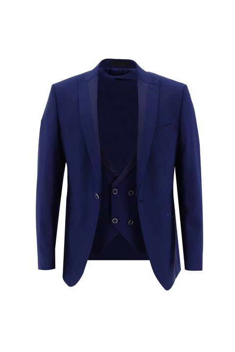 Dark Blue 7 Drop Slim Fit Narrow Cut Pointed Collar Vest Tuxedo & Groom Suit