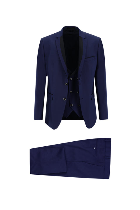 Light Navy Blue 7 Drop Slim Fit Narrow Cut Mono Collar Vest Tuxedo & Groom Suit