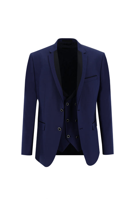Light Navy Blue 7 Drop Slim Fit Narrow Cut Mono Collar Vest Tuxedo & Groom Suit