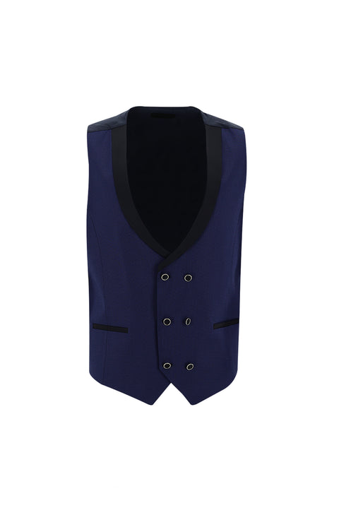 Light Navy Blue 7 Drop Slim Fit Narrow Cut Mono Collar Vest Tuxedo & Groom Suit