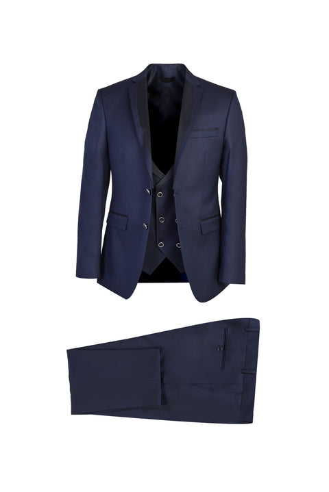 Dark Blue Mono-Lace 7 Drop Slim Fit Patterned Tuxedo & Groom Suit