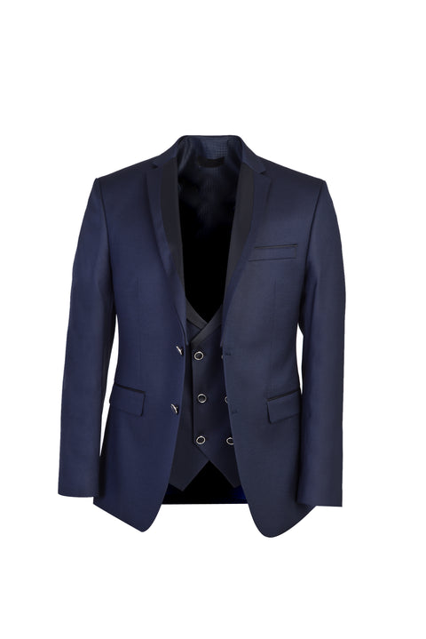 Dark Blue Mono-Lace 7 Drop Slim Fit Patterned Tuxedo & Groom Suit