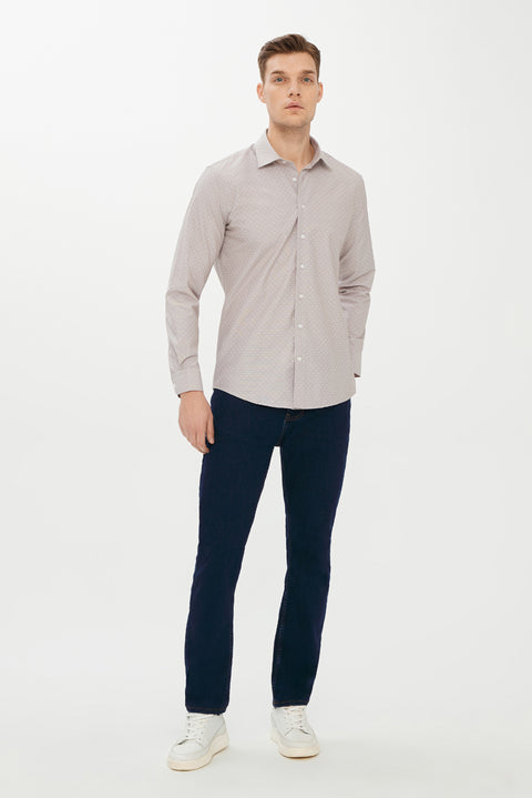 Orta Kahve Uzun Kol Slim Fit Dar Kesim Desenli Gömlek