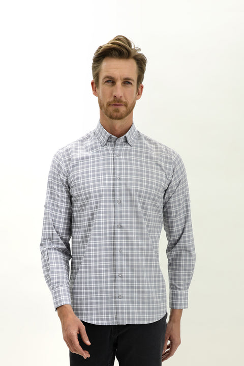 Medium Grey Long Sleeve Regular Fit Plaid Sport Shirt