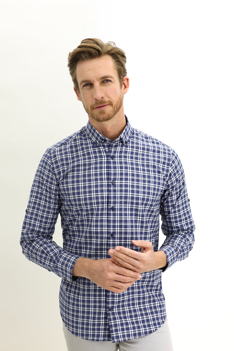 Medium Navy Long Sleeve Regular Fit Plaid Shirt