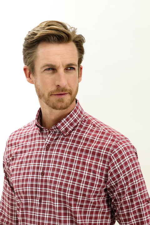 Dark Burgundy Long Sleeve Regular Fit Plaid Sport Shirt