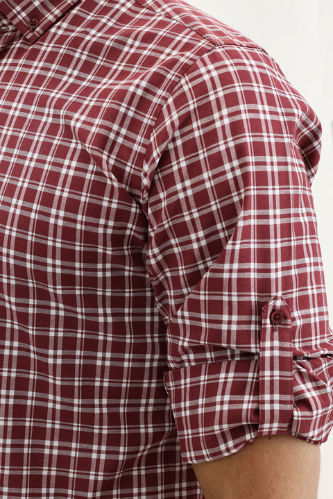 Dark Burgundy Long Sleeve Regular Fit Plaid Sport Shirt